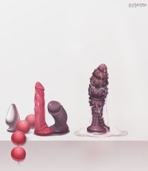 Rule 34 | absurdres, after masturbation, anal beads, bad id, bad pixiv id, butt plug, commission, dildo, dildo reveal, highres, honyang, huge dildo, no humans, original, sex toy, signature, simple background, white background