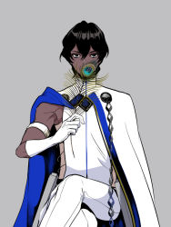 Rule 34 | 1boy, arjuna (fate), armband, black eyes, black hair, cape, covering own mouth, crossed legs, dark-skinned male, dark skin, fate/grand order, fate (series), feathers, gloves, male focus, peacock feathers, sitting, solo, white gloves, zuwai kani