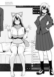 Rule 34 | 1girl, animal ears, bikini, blazer, bow, bowtie, braid, breasts, cleavage, commentary request, fake animal ears, fake tail, glasses, greyscale, highres, jacket, kichihachi, large breasts, loafers, long sleeves, mask, monochrome, mouth mask, multiple views, navel, original, pleated skirt, school uniform, shoes, sitting, skirt, socks, standing, swimsuit, tail, thighhighs, translation request, twin braids