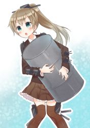 Rule 34 | 1girl, :o, blazer, blush, brown hair, brown jacket, brown skirt, brown thighhighs, cannon, collared shirt, drum (container), green eyes, hair between eyes, hair ornament, high ponytail, jacket, kantai collection, kumano (kancolle), long hair, long sleeves, looking away, machinery, masuishi kinoto, hugging object, open mouth, pleated skirt, ponytail, school uniform, shirt, sidelocks, skirt, solo, sweat, thighhighs, turret, white shirt