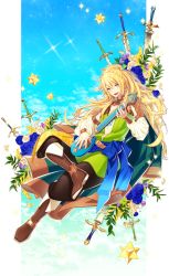 Rule 34 | 1boy, blonde hair, blue eyes, blue flower, boots, day, flower, full body, half updo, highres, instrument, invisible chair, kana (eisenadler), lazaro (pixiv fantasia age of starlight), long hair, long sleeves, lute (instrument), male focus, outdoors, pixiv fantasia, pixiv fantasia age of starlight, sash, sitting, solo, sword, very long hair, weapon