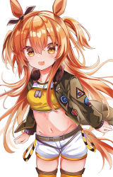 Rule 34 | 1girl, absurdres, animal ears, blush, breasts, collarbone, commentary request, crop top, dog tags, fathom, hair ornament, highres, horse ears, horse girl, horse tail, jacket, looking at viewer, mayano top gun (umamusume), navel, open mouth, orange eyes, orange hair, shorts, simple background, small breasts, solo, tail, umamusume, white background