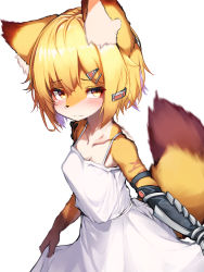 Rule 34 | 1girl, absurdres, animal ear fluff, animal ears, animal nose, arknights, blonde hair, breasts, commentary, cowboy shot, dress, fang, fox ears, fox girl, fox tail, furrification, furry, furry female, hair ornament, hairclip, highres, material growth, oripathy lesion (arknights), prosthesis, prosthetic arm, short hair, simple background, skin fang, small breasts, solo, spaghetti strap, tab head, tail, vermeil (arknights), white background, white dress, yellow eyes