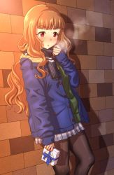 Rule 34 | 1girl, :o, against wall, blunt bangs, blush, bow, box, breath, brown hair, coat, commentary request, eyebrows, feet out of frame, gift, gift box, highres, holding, holding gift, idolmaster, idolmaster cinderella girls, kamiya nao, kezune (i- -i), long hair, open clothes, open coat, open mouth, pantyhose, pleated skirt, red eyes, ribbon, scarf, skirt, sleeves past wrists, solo, standing, sweater, thick eyebrows, wavy hair, winter clothes, winter coat