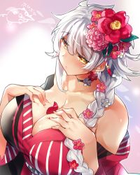 Rule 34 | 1girl, alternate costume, asymmetrical hair, bad id, bad pixiv id, bare shoulders, blush, braid, breasts, choker, cleavage, closed mouth, collarbone, commentary request, flower, from above, hair between eyes, hair flower, hair ornament, hair over shoulder, hands on own chest, japanese clothes, jitome, kantai collection, kimono, large breasts, long hair, looking at viewer, off shoulder, petals, pokoten (pokoten718), red kimono, signature, silver hair, single braid, solo, swept bangs, unryuu (kancolle), very long hair, wavy hair, yellow eyes