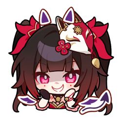 Rule 34 | 1girl, black gloves, brown hair, chibi, commentary, demon tail, english commentary, evil smile, fox mask, gloves, honkai: star rail, honkai (series), japanese clothes, long hair, mask, mask on head, mole, mole under each eye, mole under eye, multiple moles, official art, red eyes, single glove, sinister, smile, solo, sparkle (honkai: star rail), tail, transparent background, twintails, upper body, wings