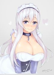Rule 34 | 1girl, azur lane, belfast (azur lane), blue eyes, blue gloves, blush, breasts, chain, cleavage, closed mouth, collar, dated, elbow gloves, gloves, grey background, hair between eyes, heart, huge breasts, kuavera, long hair, looking at viewer, maid, maid headdress, metal collar, silver hair, simple background, smile, solo, twitter username, upper body