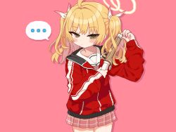 Rule 34 | ..., 1girl, blonde hair, blue archive, brown eyes, commentary request, hair ribbon, halo, holding, jacket, long sleeves, medium hair, no entity, oekaki, pink background, pink skirt, plaid, plaid skirt, red jacket, ribbon, school uniform, simple background, skirt, spoken ellipsis, standing, thighs, twintails, white ribbon, yellow halo, yoshimi (blue archive)