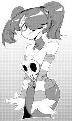 Rule 34 | 1girl, breasts, cleavage, detached collar, detached sleeves, dress, female focus, gradient background, hair over one eye, highres, inarou (rakugakiproject), monochrome, skull, skullgirls, solo, squigly (skullgirls), stitched mouth, stitches, twintails, zombie