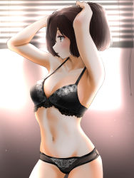 Rule 34 | 1girl, armpits, arms up, bare arms, bare shoulders, black bra, black panties, bra, breasts, brown eyes, brown hair, cleavage, collarbone, commission, cowboy shot, highres, ise (kancolle), kantai collection, lace, lace-trimmed bra, lace trim, medium breasts, navel, panties, pixiv commission, profile, short hair, solo, stomach, tama (tamago), underwear, underwear only