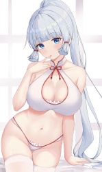 Rule 34 | 1girl, :o, absurdres, arm support, ayaka (genshin impact), bare shoulders, bikini, blue eyes, blunt bangs, breasts, cleavage, collarbone, finger to mouth, genshin impact, groin, hair tie, hand up, high ponytail, highres, large breasts, leaning to the side, long hair, looking at viewer, navel, parted lips, ponytail, ronnie z, sidelocks, skindentation, solo, stomach, swimsuit, thighhighs, thighs, very long hair, white bikini, white hair, white thighhighs