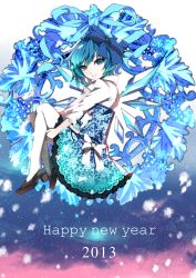 Rule 34 | 10s, 1girl, 2013, blue eyes, blue hair, bow, cirno, dress, hair bow, happy new year, highres, karlwolf, looking at viewer, matching hair/eyes, new year, pantyhose, revision, short hair, smile, solo, touhou, white pantyhose, wings