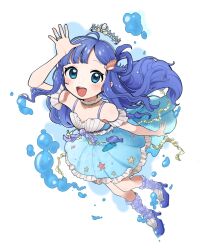 Rule 34 | 1girl, arm up, asari nanami, bare shoulders, blue dress, blue eyes, blue footwear, blue hair, blush, choker, commentary request, dress, floating hair, full body, hair rings, high heels, highres, idolmaster, idolmaster cinderella girls, jewelry, long hair, looking at viewer, necklace, open mouth, pearl necklace, ring, shell hair ornament, sks (s3 rosquilla), sleeveless, sleeveless dress, smile, solo, teeth, tiara, upper teeth only, water, wavy hair