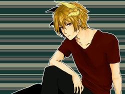 Rule 34 | 1boy, arm on knee, arm on another&#039;s shoulder, arm support, blonde hair, collarbone, highres, horns, looking at viewer, looking to the side, male focus, red eyes, sennen sensou aigis, shirooosai, shirt, sitting, solo, stray (sennen sensou aigis), striped, striped background, t-shirt