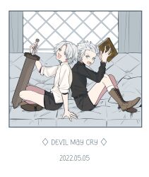 Rule 34 | 2boys, blue eyes, book, boots toast, brothers, dante (devil may cry), devil may cry (series), highres, long hair, multiple boys, pale skin, siblings, sword, twins, vergil (devil may cry), weapon, white hair