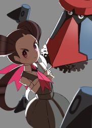 Rule 34 | 1girl, blurry, blurry foreground, brown hair, closed mouth, collared shirt, commentary request, creatures (company), crossed arms, dress, eyelashes, game freak, gen 4 pokemon, grey background, grey dress, hair ribbon, highres, long hair, looking to the side, necktie, nintendo, ora (oraora oekaki), pink necktie, pink ribbon, pokemon, pokemon (creature), pokemon oras, probopass, ribbon, roxanne (pokemon), shirt, short sleeves, white shirt
