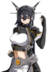 Rule 34 | 10s, 1girl, black coat, black eyes, black gloves, black hair, breasts, coat, elbow gloves, framed breasts, gloves, headgear, highres, kantai collection, large breasts, long hair, looking at viewer, midriff, nagato (kancolle), navel, partially fingerless gloves, pleated skirt, remodel (kantai collection), satsumaimo pai, skirt, smile, solo, standing, white background