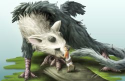 Rule 34 | 1boy, arrow (projectile), child, feathers, griffin, horns, jenny lee, sandals, short hair, signature, tail, the boy (the last guardian), the last guardian, trico (character)