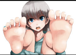 Rule 34 | 1girl, aqua nails, barefoot, blue eyes, blue nails, eila ilmatar juutilainen, feet, foot focus, hood, hoodie, legs up, letterboxed, long hair, nail polish, open mouth, rosettastone, silver hair, soles, solo, strike witches, toes, world witches series