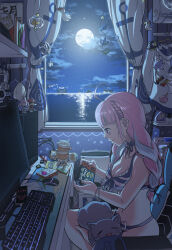 Rule 34 | 1girl, ahoge, anchor print, anchor symbol, animal, animal ear headphones, animal ears, animal on lap, bikini, blue bikini, blue hair, book, braid, breasts, can, cellphone, chair, cleavage, closed mouth, cloud, commentary, commentary request, computer, crossed legs, cup ramen, curtains, desk, dongle e, english commentary, fake animal ears, french braid, front-tie bikini top, front-tie top, full moon, gaming chair, grey cat, halterneck, headphones, headset, highres, hololive, hololive english, houshou marine, indoors, keyboard (computer), large breasts, loaded interior, long hair, minato aqua, minato aqua (hololive summer 2019), mixed-language commentary, monitor, moon, mouse (computer), mousepad (object), multicolored hair, neko (minato aqua), night, night sky, nintendo switch, official alternate costume, on chair, on lap, phone, pink hair, playing games, purple eyes, shark fin, shelf, sitting, sky, smartphone, smol ame: the game, solo, star (sky), streaked hair, striped bikini, striped clothes, swimsuit, swivel chair, takodachi (ninomae ina&#039;nis), teruterubouzu, twin braids, twintails, two-tone hair, unworn clothes, unworn headphones, virtual youtuber, water, webcam, window