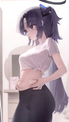 Rule 34 | 1girl, absurdres, ass, belly, belly grab, black pants, blue archive, blush, breasts, cowboy shot, from side, halo, highres, klakmon, long hair, mechanical halo, medium breasts, navel, open mouth, pants, purple eyes, purple hair, shirt, short sleeves, solo, tied shirt, two side up, very long hair, weight conscious, white shirt, yoga pants, yuuka (blue archive)