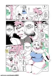 Rule 34 | !?, ..., alternate language, animal ears, bare shoulders, breasts, cat, choker, comic, commentary, cup, dragon ears, dragon girl, dragon horns, dragon tail, drinking, drinking straw, english text, gym shorts, highres, horns, lap pillow invitation, large breasts, monster girl, multiple girls, original, patreon username, pointy ears, sharp teeth, shepherd0821, short hair, shorts, skirt, spoken ellipsis, tail, teeth, tree