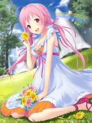 Rule 34 | 1girl, :d, bow, breasts, casual, cleavage, dress, flower, hair bow, hair ribbon, holding, ilog, kneeling, long hair, looking at viewer, occhan (11715), official art, open mouth, pink hair, rainbow, ribbon, sakuragi kokoro, sandals, sitting, smile, solo, twintails, white dress