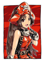 Rule 34 | 1girl, :d, absurdres, badge, bare arms, bare shoulders, belt, black gloves, blunt ends, breasts, brown eyes, brown hair, buckle, button badge, character name, commentary request, cowboy shot, dress, finger to cheek, fingerless gloves, fish.boy, gloves, guilty gear, hand up, hat, hat ornament, highres, index finger raised, long hair, looking at viewer, may (guilty gear), open mouth, pirate, pirate hat, red dress, red hat, red theme, skull and crossbones, sleeveless, sleeveless dress, small breasts, smile, solo, standing, straight hair, strap, vambraces