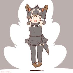 Rule 34 | 1girl, animal ears, apron, arms up, black hair, bow, bowtie, coroha, elbow gloves, extra ears, full body, gloves, grey background, jumping, kemono friends, looking at viewer, shirt, shoes, short hair, simple background, skirt, sleeveless, sleeveless shirt, solo, tail, tasmanian devil (kemono friends), thighhighs