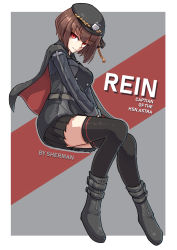 Rule 34 | 1girl, absurdres, asymmetrical hair, beret, black thighhighs, bob cut, boots, brown hair, cape, chinese commentary, commentary request, english text, hat, highres, invisible chair, original, pleated skirt, red eyes, sherman (egnk2525), sitting, skirt, solo, thighhighs, zettai ryouiki