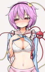 Rule 34 | 1girl, blouse, blue shirt, blush, bow, bow bra, bra, breasts, cleavage, clothes lift, embarrassed, eyeball, floral print, frilled sleeves, frills, hair ornament, hairband, heart, heart hair ornament, highres, komeiji satori, lifting own clothes, looking away, looking to the side, medium breasts, navel, nose blush, pink hair, pink skirt, red eyes, shirt, short hair, skirt, solo, suwa yasai, sweatdrop, third eye, touhou, underwear, white bra, wide sleeves