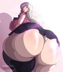 Rule 34 | 1girl, absurdres, artist name, ass, bare shoulders, black thighhighs, blue eyes, blush, breasts, curvy, earrings, elizabeth liones, hair over one eye, highres, huge ass, huge breasts, jewelry, long hair, looking at viewer, nanatsu no taizai, okioppai, open mouth, panties, simple background, single thighhigh, skirt, sleeveless, solo, thick thighs, thighhighs, thighs, underwear, white hair, white panties, wide hips