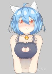 Rule 34 | 1girl, 2016, :3, ahoge, animal ears, bell, neck bell, blue hair, blush, breasts, cat cutout, cat ears, cat lingerie, choker, cleavage, cleavage cutout, clothing cutout, dated, fang, grey background, jingle bell, large breasts, meme attire, navel, nekonyan (nekoworld), original, red eyes, short hair, signature, solo, underwear, upper body