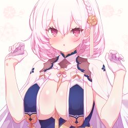 Rule 34 | 1girl, arbiter1, azur lane, braid, breast curtains, breasts, china dress, chinese clothes, dress, gloves, hair between eyes, half gloves, hands up, highres, looking at viewer, medium hair, official alternate costume, red eyes, revealing clothes, ribbon, ribbon between breasts, side braid, sirius (azur lane), sirius (azure horizons) (azur lane), solo, upper body, white gloves, white hair