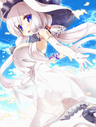 Rule 34 | 1girl, 2018, :d, ahoge, azur lane, bare shoulders, black footwear, blue eyes, blue sky, breasts, clothes lift, cloud, cross, dated, day, dress, dress lift, elbow gloves, eyebrows, floating hair, flower, garter straps, gloves, hair flower, hair ornament, hat, high heels, illustrious (azur lane), large breasts, leg up, lifting own clothes, light particles, long hair, low twintails, miuku (marine sapphire), mole, mole under eye, open mouth, outdoors, petals, sky, smile, solo, sun hat, thighhighs, tongue, twintails, white dress, white flower, white gloves, white hair, white hat, white thighhighs