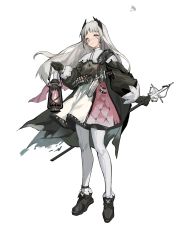 Rule 34 | 1girl, absurdres, ammunition belt, arknights, black footwear, black gloves, dress, floating hair, full body, gloves, grey eyes, grey hair, gun, handgun, head wings, highres, holding, holding lantern, holstered, irene (arknights), lantern, long sleeves, multicolored clothes, multicolored dress, pantyhose, pink dress, scabbard, scar, scar across eye, sheath, shoes, simple background, solo, standing, sword, weapon, white background, white dress, white pantyhose, wings, xignore