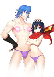 Rule 34 | &gt;:), 10s, 1boy, 1girl, bad id, bad pixiv id, covering privates, covering breasts, crossed arms, fingerless gloves, gloves, glowing, headpat, kill la kill, looking at viewer, matoi ryuuko, mikisugi aikurou, mingou91, scarf, senketsu, senketsu (scarf), simple background, single glove, smile, topless, topless male, v-shaped eyebrows, white background