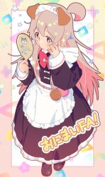 Rule 34 | 1girl, ahoge, animal ears, apron, blush, border, bow, bright pupils, brown eyes, dress, fake animal ears, from above, full body, genderswap, genderswap (mtf), grey hair, hair over shoulder, hand mirror, hand on own cheek, hand on own face, highres, long dress, long hair, long sleeves, looking at mirror, maid, maid apron, maid day, maid headdress, mirror, onii-chan wa oshimai!, oyama mahiro, parted lips, red bow, shin&#039;yuu (nankou furaku), simple background, solo, sparkle, standing, very long hair, white apron, white pupils