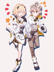 1boy 1girl alchemy_stars armor blonde_hair blush boots coat collar dragon_tail closed_eyes grey_hair headband highres holding_hands navigator_(alchemy_stars) pants pauldrons shoulder_armor skirt tail vice_(alchemy_stars) white_coat