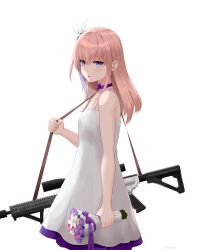 Rule 34 | 1girl, ar-15, blue eyes, bouquet, breasts, choker, commentary, dress, english commentary, flower, girls&#039; frontline, gun, hair between eyes, hand up, highres, holding, holding bouquet, holding gun, holding strap, holding weapon, long hair, looking at viewer, looking to the side, name connection, object namesake, parted lips, pink flower, pink hair, purple choker, purple flower, rifle, simple background, sleeveless, sleeveless dress, small breasts, solo, st ar-15 (girls&#039; frontline), st ar-15 (top hat drifting to the flowers) (girls&#039; frontline), syaris, twitter username, weapon, white background, white dress, white flower
