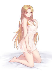 Rule 34 | 1girl, arm at side, bare arms, bare legs, bare shoulders, barefoot, bed sheet, blonde hair, breasts, camisole, character request, cleavage, closed mouth, collarbone, commentary request, earrings, from side, hair intakes, hand up, highres, jewelry, kneeling, liu lan, long hair, looking at viewer, looking to the side, medium breasts, red eyes, see-through, simple background, smile, solo, spaghetti strap, strap slip, stud earrings, very long hair, white background
