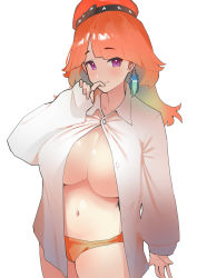 Rule 34 | 1girl, alternate breast size, blush, breasts, dismassd, earrings, feather earrings, feather hair, feathers, gradient hair, green hair, highres, hololive, hololive english, jewelry, large breasts, looking at viewer, multicolored hair, navel, no bra, open clothes, orange hair, orange headwear, orange panties, panties, purple eyes, shirt, single earring, smile, solo, takanashi kiara, underwear, virtual youtuber, white shirt