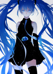 Rule 34 | 1girl, ajimita, alternate costume, aqua nails, black thighhighs, blue eyes, blue hair, contrast, detached sleeves, earth (planet), fingernails, hatsune miku, highres, long hair, looking at viewer, matching hair/eyes, nail polish, necktie, planet, simple background, solo, space, sparkle, sparkling eyes, thighhighs, twintails, twitter username, vocaloid, wavy mouth, white background