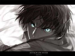 Rule 34 | 1boy, aqua eyes, bad id, bad pixiv id, black hair, copyright name, covered mouth, eren yeager, glowing, letterboxed, male focus, monochrome, motion blur, robinexile, shingeki no kyojin, short hair, solo, white background