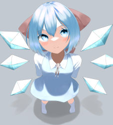 Rule 34 | 1girl, absurdres, arms behind back, blue dress, blue eyes, blue hair, blush, bow, cirno, dress, fal-faaaaaaal, foreshortening, from above, full body, grey background, hair between eyes, hair bow, highres, ice, ice wings, legs apart, light smile, looking at viewer, looking up, puffy sleeves, red bow, red ribbon, ribbon, shadow, short hair, simple background, solo, standing, touhou, white legwear, wings