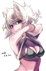 Rule 34 | 1girl, albino, animal ears, bra, breasts, clothes lift, dated, highres, inubashiri momiji, looking at viewer, medium breasts, midriff, namauni, no headwear, red eyes, shirt lift, short hair, simple background, sleeveless, smirk, solo, sparkle, touhou, underwear, upper body, white background, white hair, wolf ears