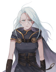 Rule 34 | 1girl, ashe (league of legends), belt, belt buckle, black cape, buckle, cape, closed mouth, darubon, hair between eyes, highres, league of legends, long hair, simple background, snow, snowing, solo, vambraces, white background, white eyes, white hair