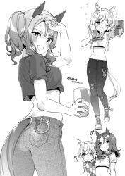 2girls animal_ears ass commentary cup english_commentary greyscale holding holding_cup horse_ears horse_girl king_halo_(umamusume) koruri looking_at_viewer looking_back monochrome multiple_girls multiple_views official_alternate_costume seiun_sky_(umamusume) smile uma_summer_(umamusume) umamusume white_background