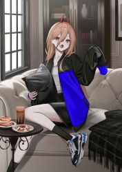 Rule 34 | 1girl, absurdres, blanket, book, chainsaw man, couch, cross-shaped pupils, crosshair, cup, demon horns, fangs, food, highres, holding, holding pillow, horns, kit, long hair, long sleeves, looking at viewer, lower teeth only, open mouth, pancake, pancake stack, pillow, plate, power (chainsaw man), shelf, shirt, shoes, sitting, skirt, sneakers, socks, solo, symbol-shaped pupils, teeth, upper teeth only, white shirt, window, yellow eyes