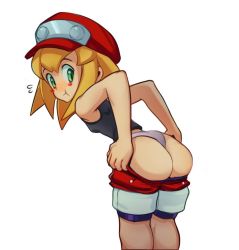 Rule 34 | :t, ass, blonde hair, blush stickers, breasts, clothes pull, from behind, genvoke, green eyes, looking back, mega man (series), mega man legends (series), roll caskett (mega man), shorts, shorts pull, simple background, small breasts, white background